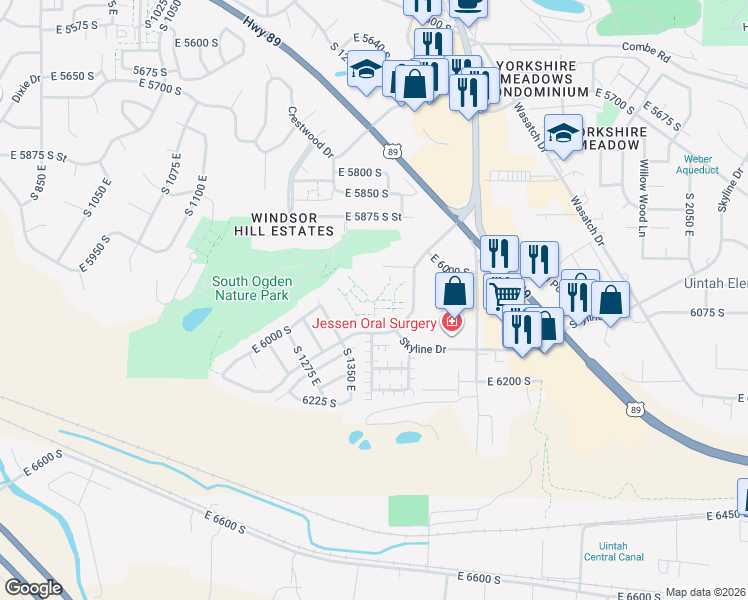 map of restaurants, bars, coffee shops, grocery stores, and more near 6045 South Ridgeline Drive in South Ogden
