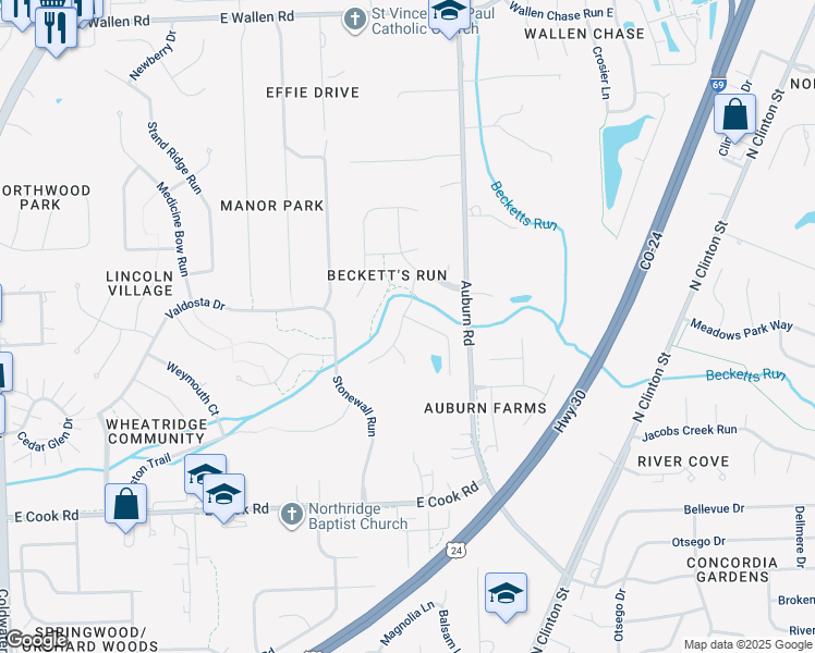 map of restaurants, bars, coffee shops, grocery stores, and more near 1515 Cannonade Court in Fort Wayne