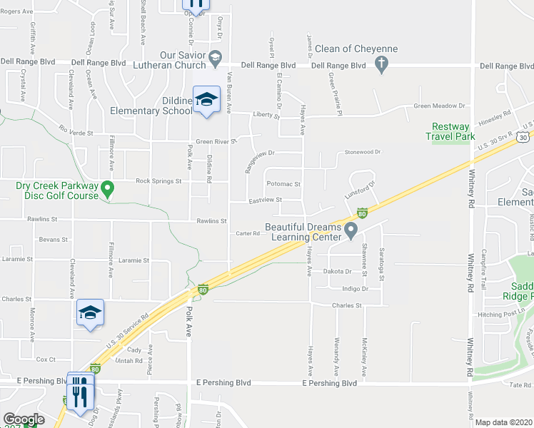 map of restaurants, bars, coffee shops, grocery stores, and more near 5306 Imperial Court in Cheyenne