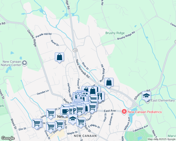 map of restaurants, bars, coffee shops, grocery stores, and more near 62 River Street in New Canaan