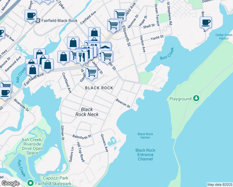 map of restaurants, bars, coffee shops, grocery stores, and more near 98 Beacon Street in Bridgeport