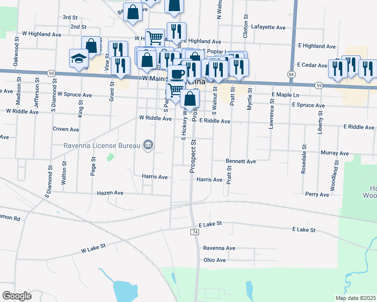 map of restaurants, bars, coffee shops, grocery stores, and more near 461 South Prospect Street in Ravenna