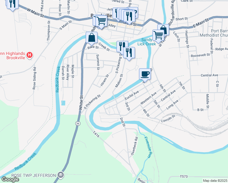 map of restaurants, bars, coffee shops, grocery stores, and more near 130 Mabon Street in Brookville