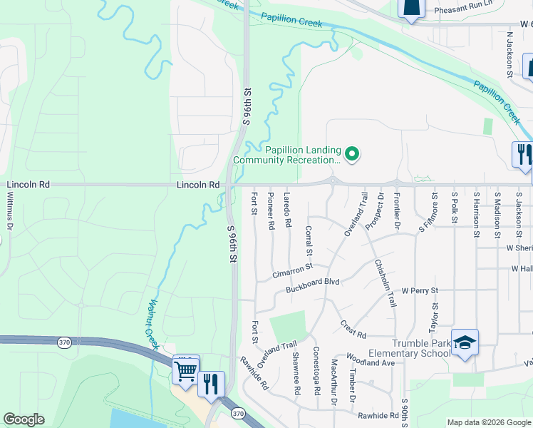 map of restaurants, bars, coffee shops, grocery stores, and more near 400 Pioneer Road in Papillion