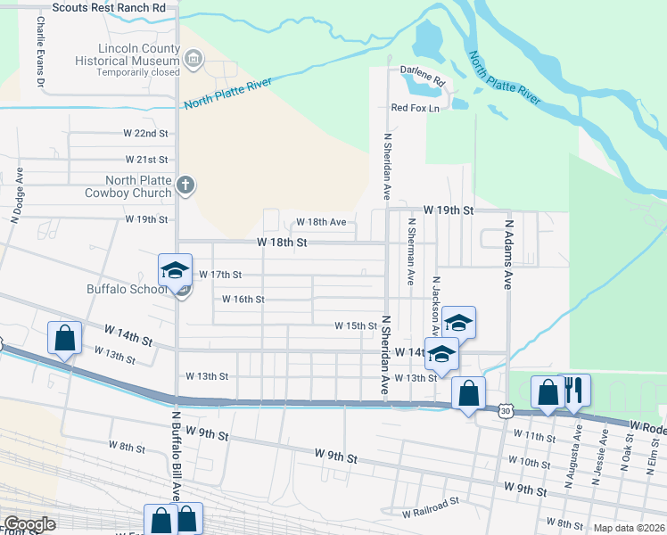 map of restaurants, bars, coffee shops, grocery stores, and more near 1800-2098 W 17th St in North Platte