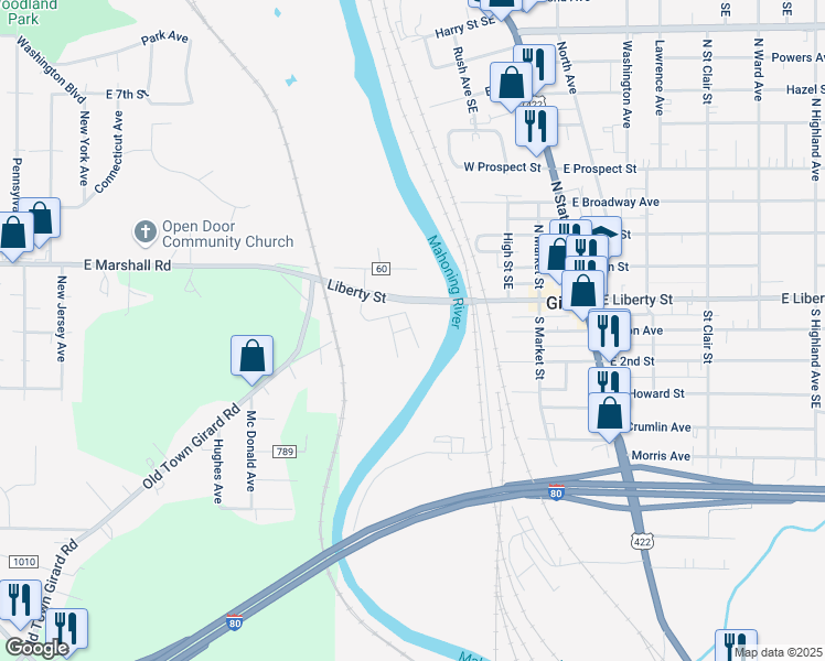 map of restaurants, bars, coffee shops, grocery stores, and more near 43 Front Street in Girard