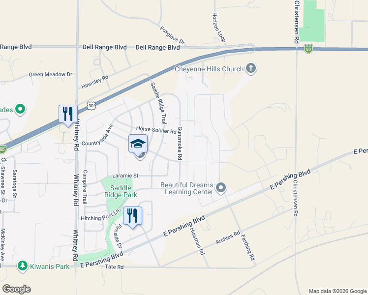 map of restaurants, bars, coffee shops, grocery stores, and more near 3709 Gunsmoke Road in Cheyenne