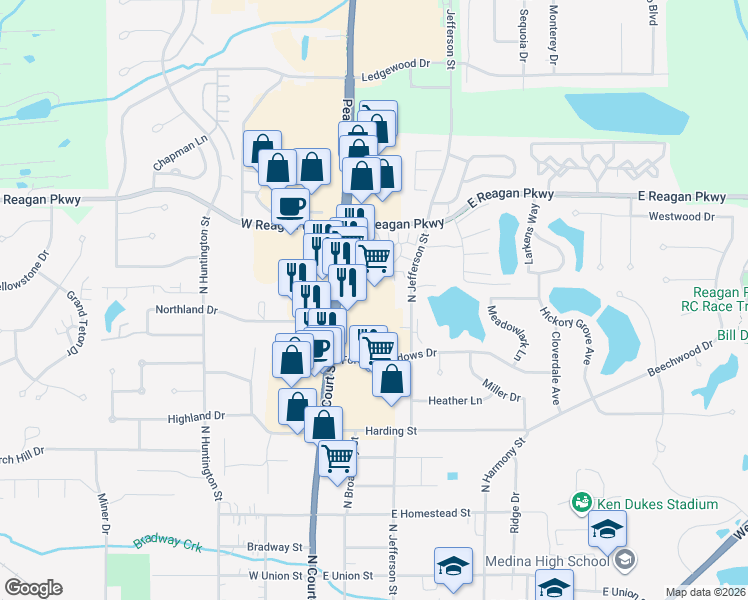 map of restaurants, bars, coffee shops, grocery stores, and more near 275 Forest Meadows Drive in Medina