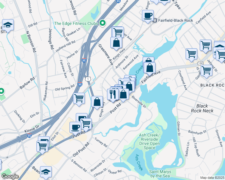 map of restaurants, bars, coffee shops, grocery stores, and more near 108 Longview Avenue in Fairfield