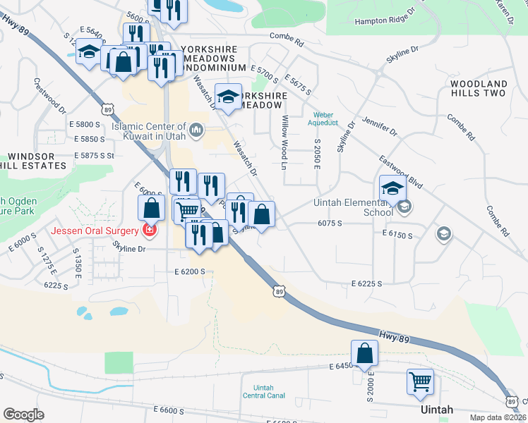 map of restaurants, bars, coffee shops, grocery stores, and more near 1855 Skyline Drive in South Ogden