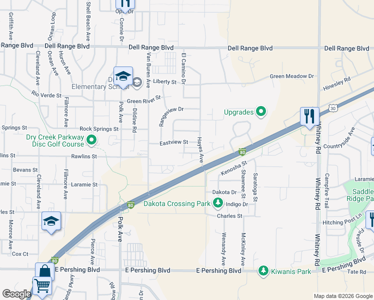 map of restaurants, bars, coffee shops, grocery stores, and more near 5409 Imperial Court in Cheyenne
