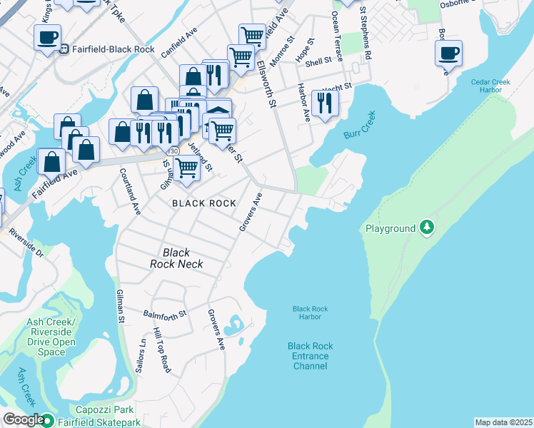 map of restaurants, bars, coffee shops, grocery stores, and more near 46 Beacon Court in Bridgeport