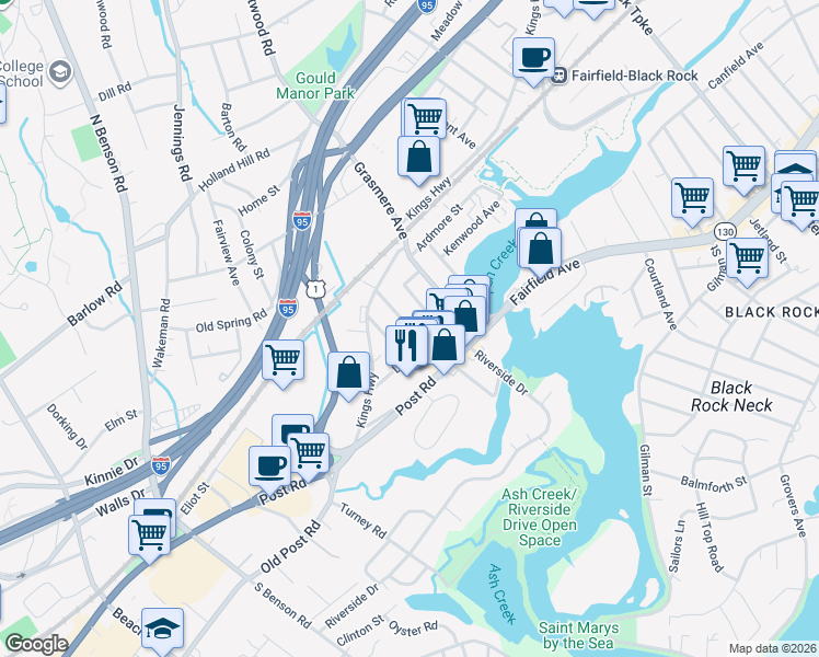 map of restaurants, bars, coffee shops, grocery stores, and more near 108 Longview Avenue in Fairfield