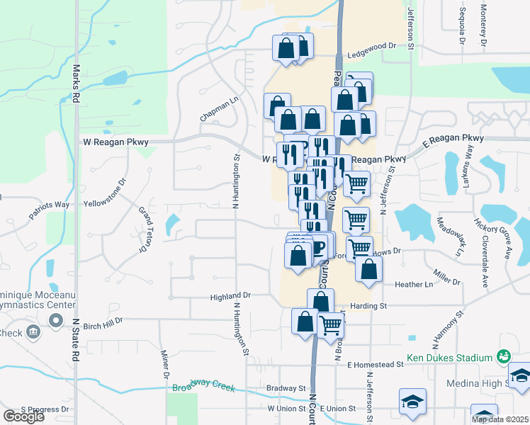 map of restaurants, bars, coffee shops, grocery stores, and more near 232 Northland Drive in Medina