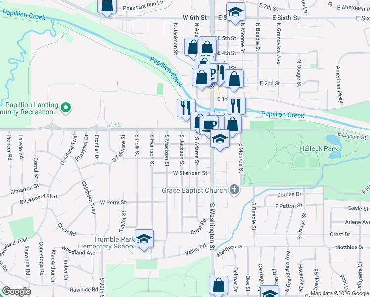 map of restaurants, bars, coffee shops, grocery stores, and more near 245 West Sherman Street in Papillion