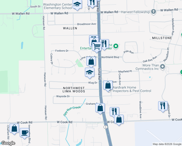 map of restaurants, bars, coffee shops, grocery stores, and more near 1816 Klug Drive in Fort Wayne