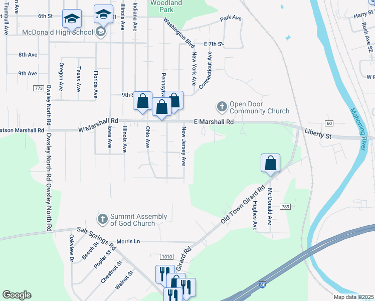map of restaurants, bars, coffee shops, grocery stores, and more near 1107 New Jersey Avenue in McDonald