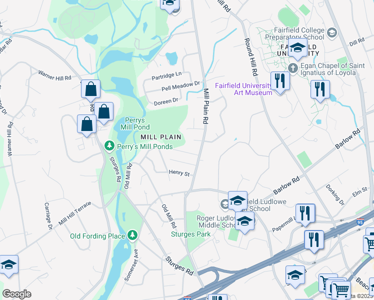 map of restaurants, bars, coffee shops, grocery stores, and more near 78 Glover Street in Fairfield