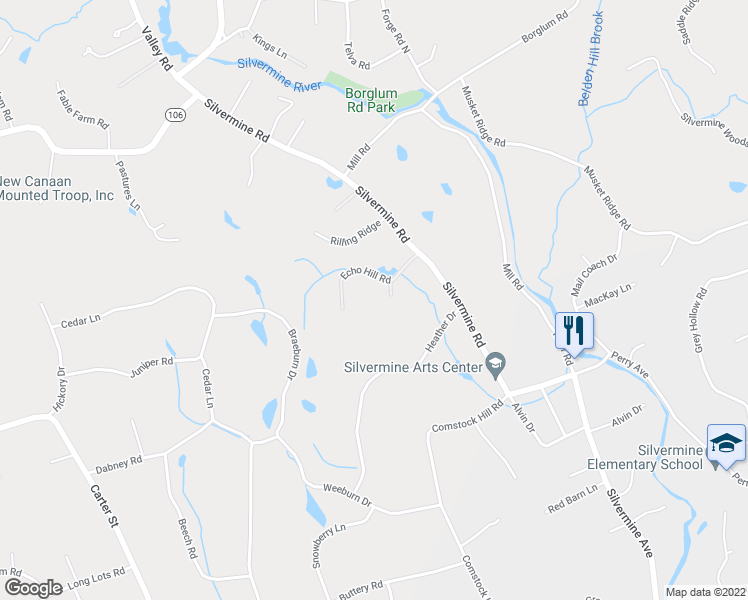 map of restaurants, bars, coffee shops, grocery stores, and more near 118 Heather Drive in New Canaan