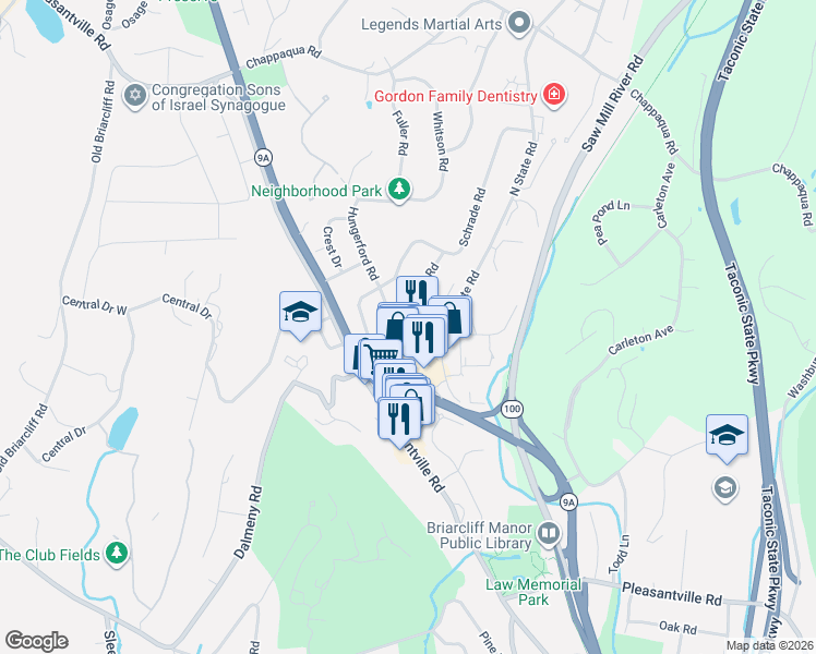 map of restaurants, bars, coffee shops, grocery stores, and more near 104 North State Road in Briarcliff Manor