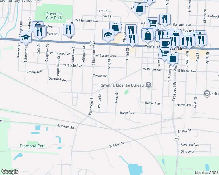 map of restaurants, bars, coffee shops, grocery stores, and more near 600 King Street in Ravenna
