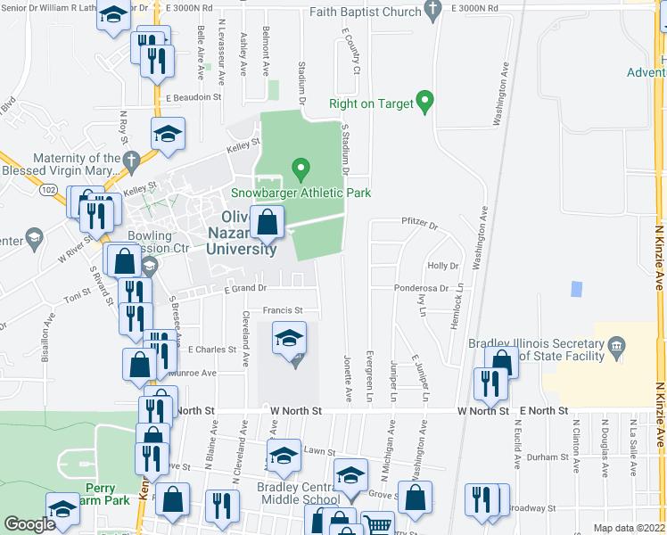 map of restaurants, bars, coffee shops, grocery stores, and more near 408 South Grand Avenue in Bourbonnais