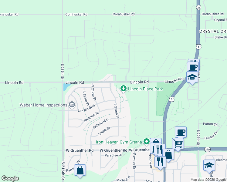 map of restaurants, bars, coffee shops, grocery stores, and more near 10704 South 210th Street in Gretna