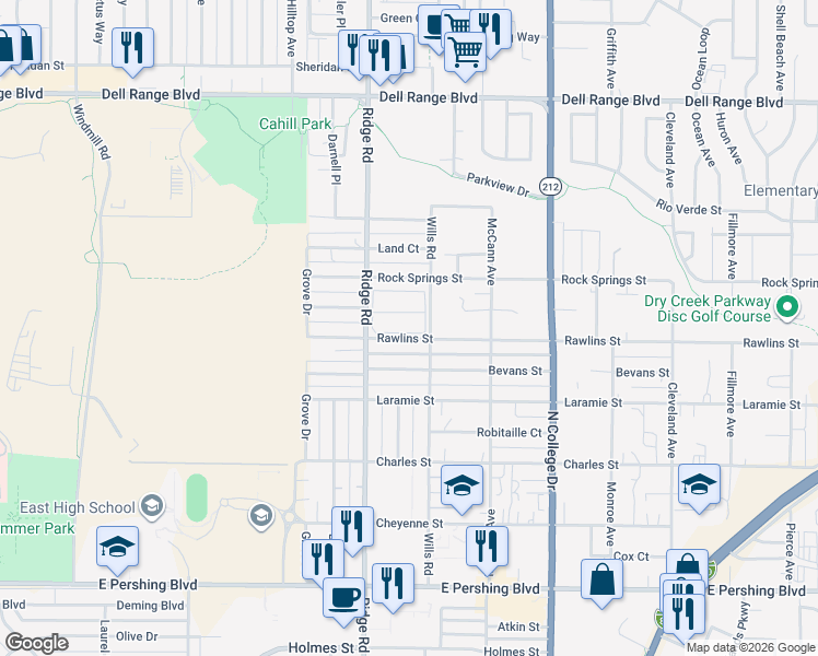 map of restaurants, bars, coffee shops, grocery stores, and more near 3415 Rawlins Street in Cheyenne