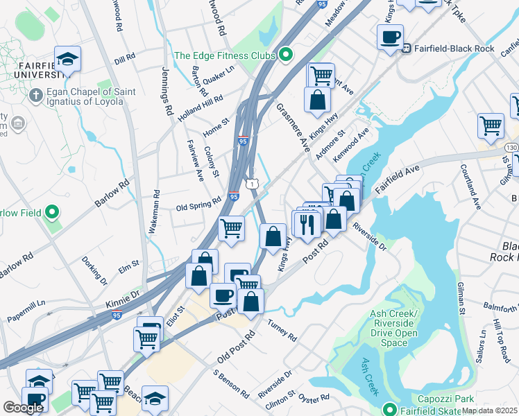 map of restaurants, bars, coffee shops, grocery stores, and more near 953 Kings Highway Cutoff in Fairfield