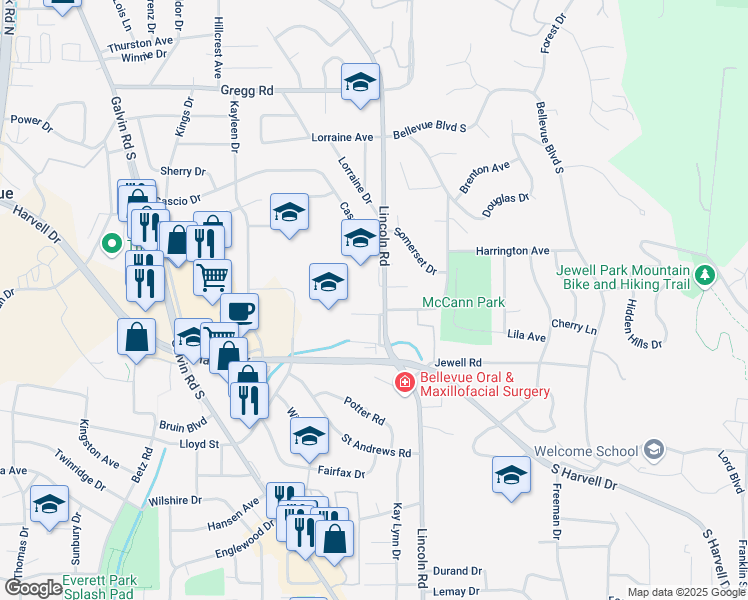 map of restaurants, bars, coffee shops, grocery stores, and more near 820 Lincoln Road in Bellevue