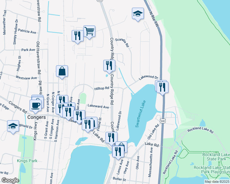 map of restaurants, bars, coffee shops, grocery stores, and more near 17 Hilltop Road in Congers