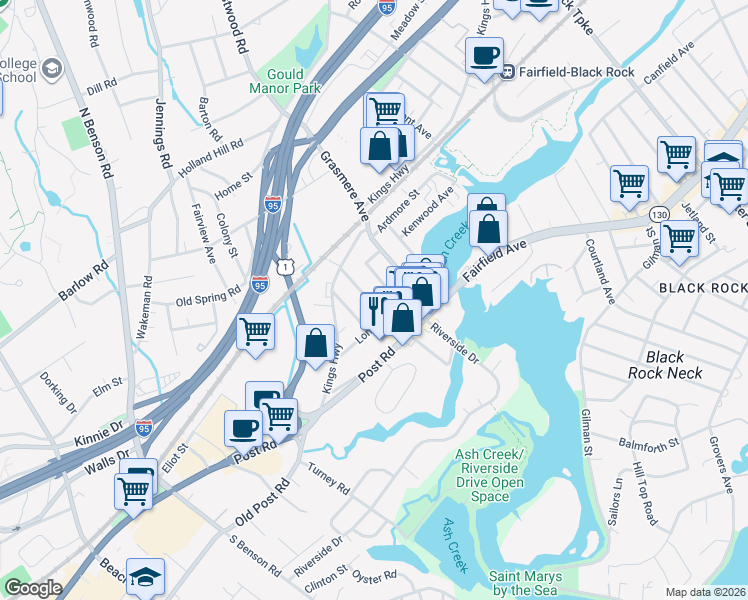 map of restaurants, bars, coffee shops, grocery stores, and more near 72 Roanoke Avenue in Fairfield