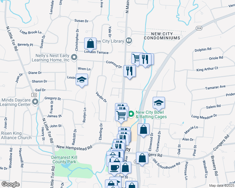 map of restaurants, bars, coffee shops, grocery stores, and more near 4 Omni Court in New City