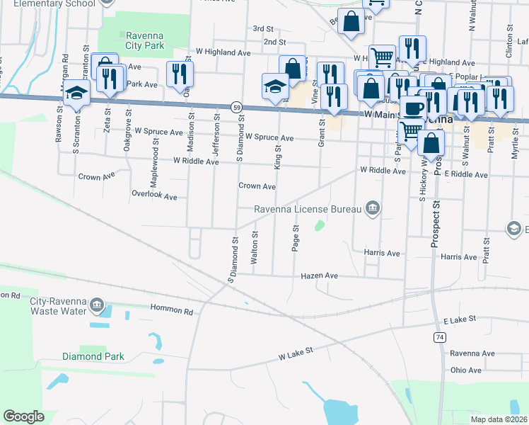 map of restaurants, bars, coffee shops, grocery stores, and more near 430 King Street in Ravenna