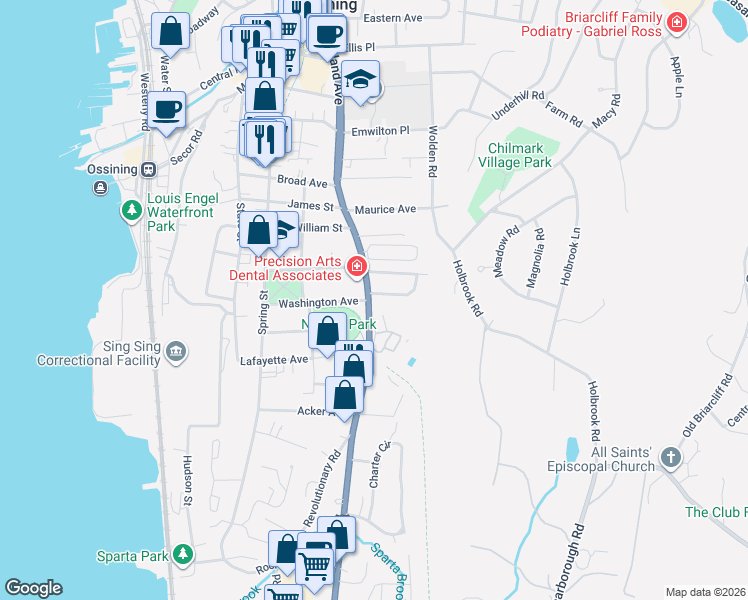 map of restaurants, bars, coffee shops, grocery stores, and more near 102 South Highland Avenue in Ossining