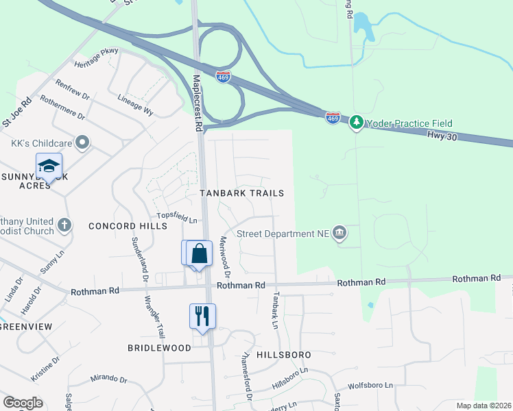 map of restaurants, bars, coffee shops, grocery stores, and more near 7814 Ridgeside Lane in Fort Wayne