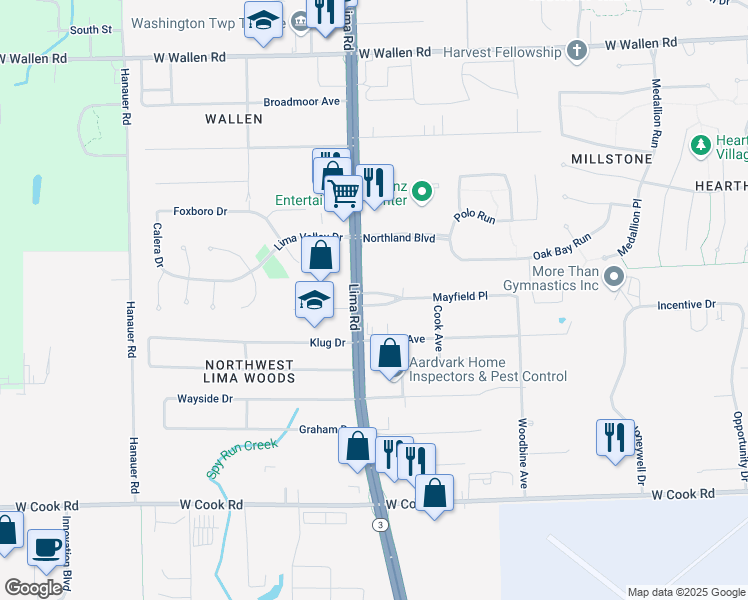 map of restaurants, bars, coffee shops, grocery stores, and more near 1610 Mayfield Road in Fort Wayne