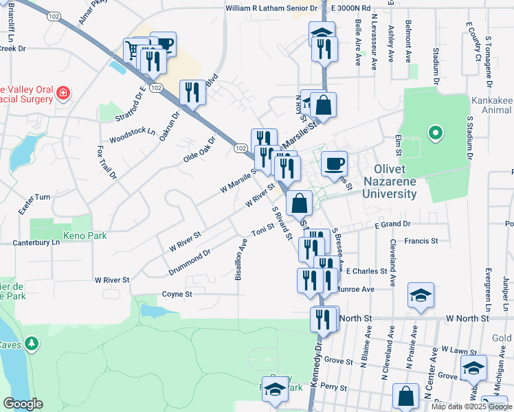 map of restaurants, bars, coffee shops, grocery stores, and more near 146 West River Street in Bourbonnais