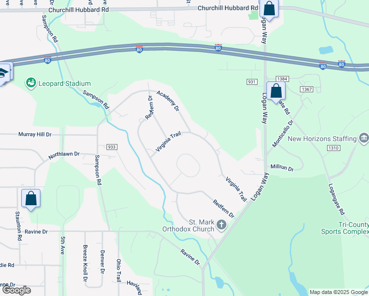 map of restaurants, bars, coffee shops, grocery stores, and more near 1320 Virginia Trail in Youngstown