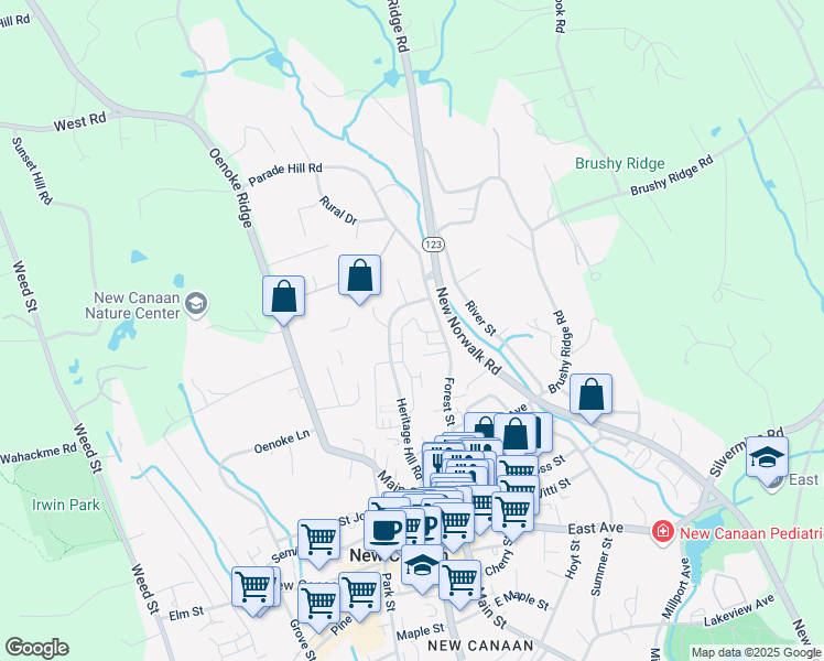 map of restaurants, bars, coffee shops, grocery stores, and more near 179 Heritage Hill Road in New Canaan