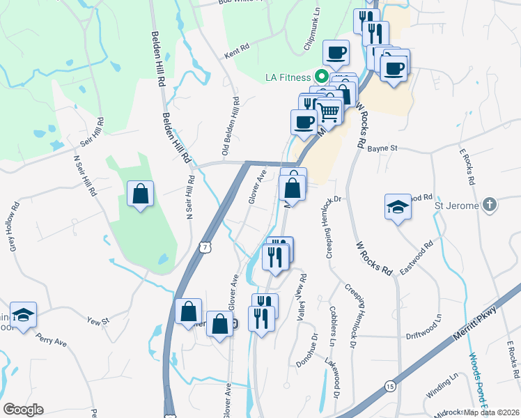 map of restaurants, bars, coffee shops, grocery stores, and more near 200 Glover Avenue in Norwalk