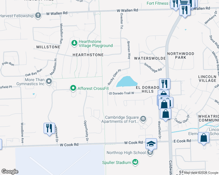 map of restaurants, bars, coffee shops, grocery stores, and more near 8028 Rocky Glen Place in Fort Wayne