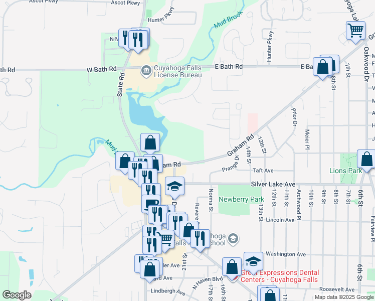 map of restaurants, bars, coffee shops, grocery stores, and more near 75 Graham Road in Cuyahoga Falls