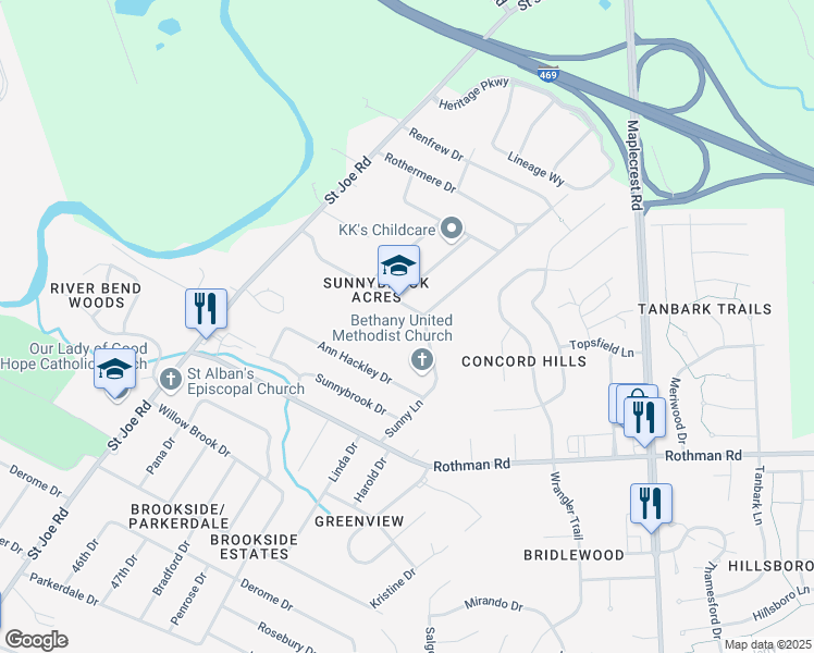 map of restaurants, bars, coffee shops, grocery stores, and more near 5320 Rebecca Street in Fort Wayne