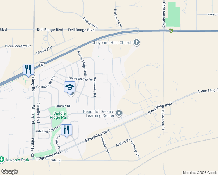 map of restaurants, bars, coffee shops, grocery stores, and more near 3833 Gunsmoke Road in Cheyenne