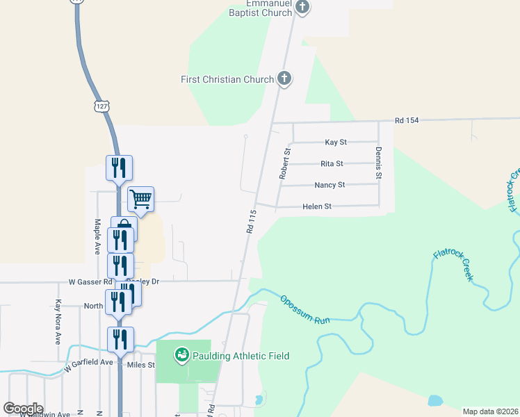 map of restaurants, bars, coffee shops, grocery stores, and more near 12151 Robert Street in Paulding