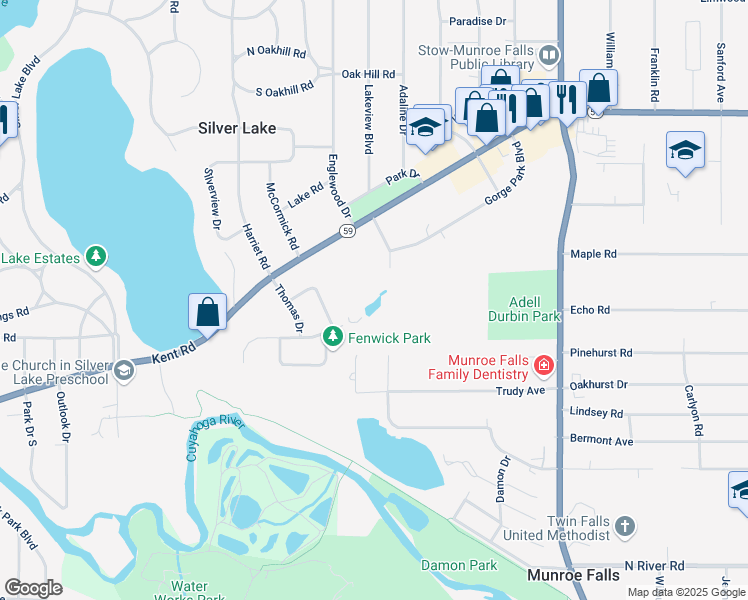 map of restaurants, bars, coffee shops, grocery stores, and more near 3064 Kent Road in Stow