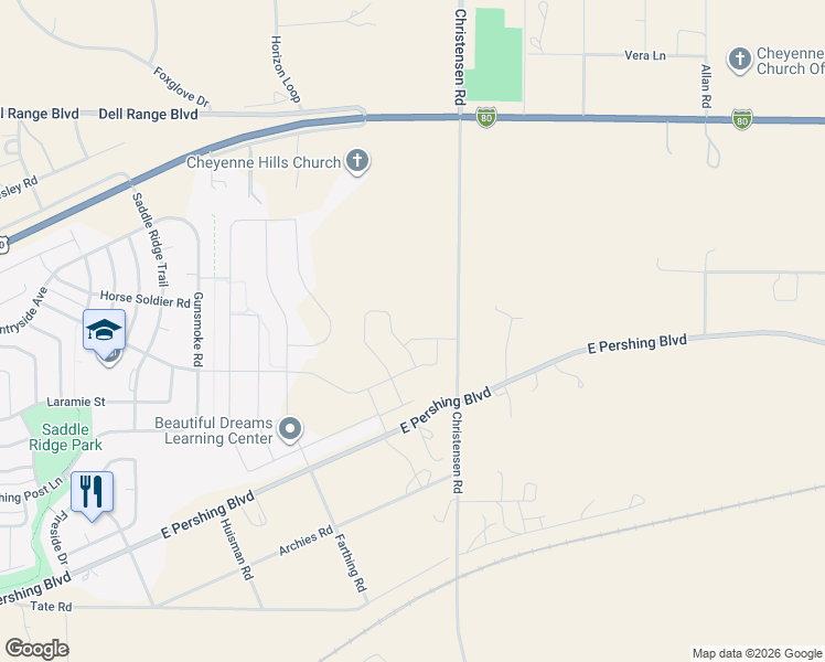 map of restaurants, bars, coffee shops, grocery stores, and more near in Warren Air Force Base