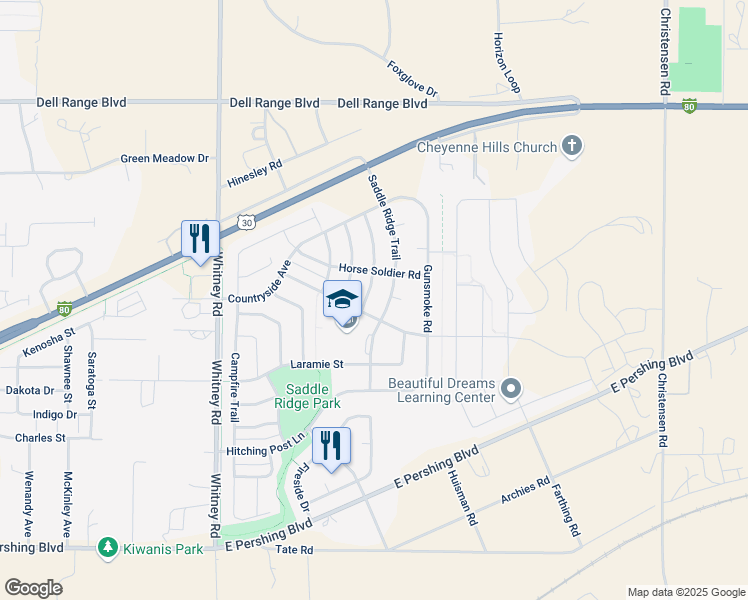 map of restaurants, bars, coffee shops, grocery stores, and more near 3825 Raindancer Trail in Cheyenne