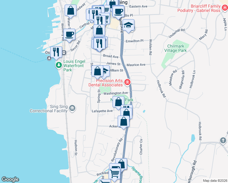 map of restaurants, bars, coffee shops, grocery stores, and more near 16 Everett Avenue in Ossining